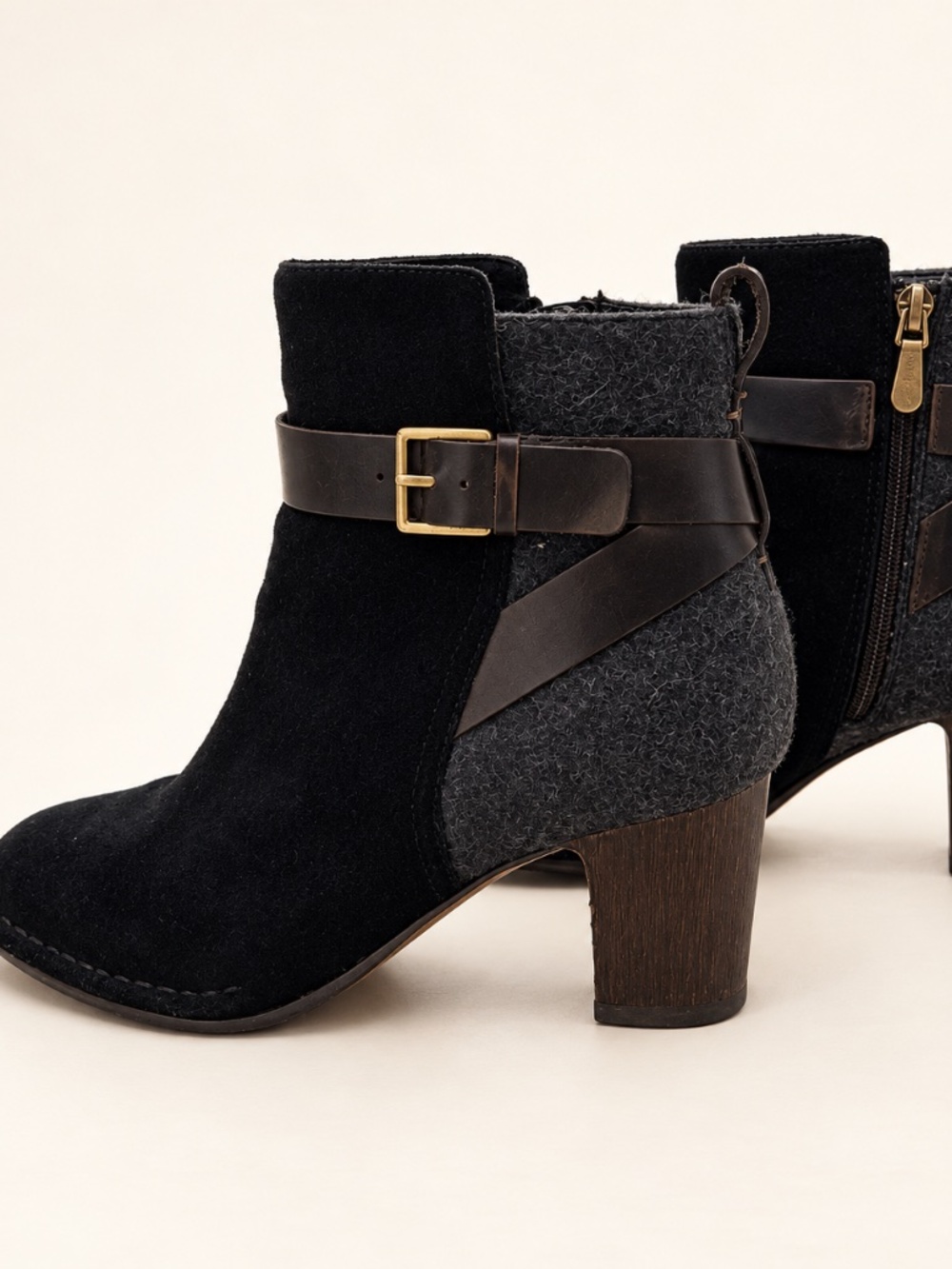 Clarks Black Suede/ Charcoal Grey/ Brown Buckle Ankle Boots, 8 M